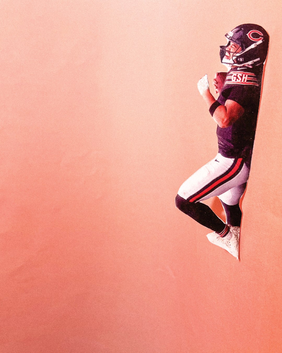 A Chicago Bears quarterback in a dark jersey, cut out and floating against a peach background, one fist raised as he is carried off.