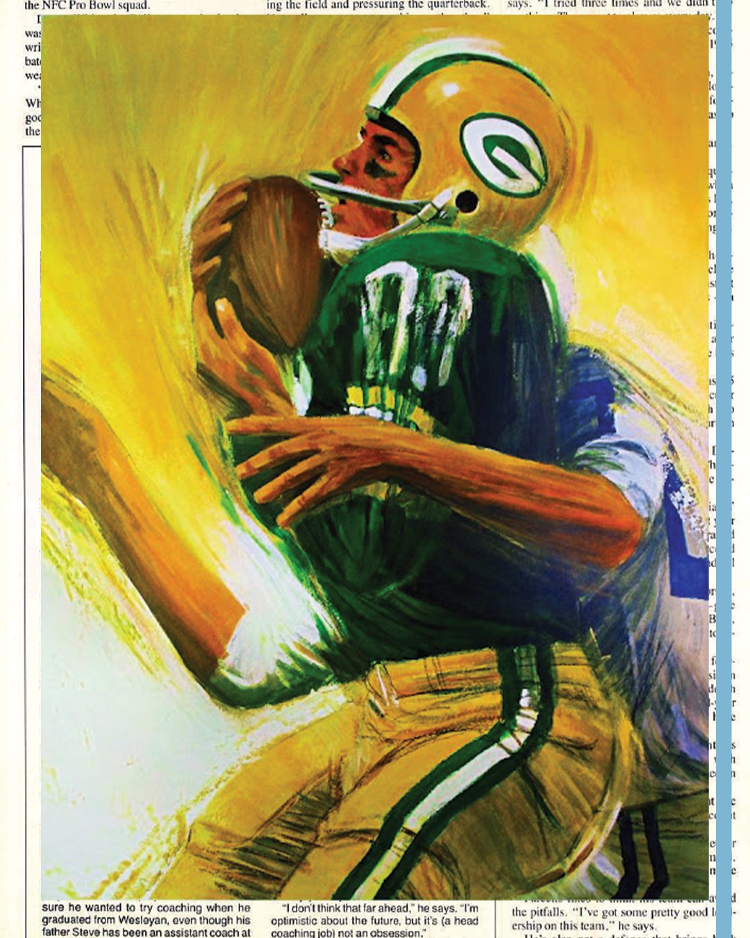 Expressive painting of a Green Bay Packers quarterback cradling the ball as a defender wraps him up, in yellows, greens, and blues.