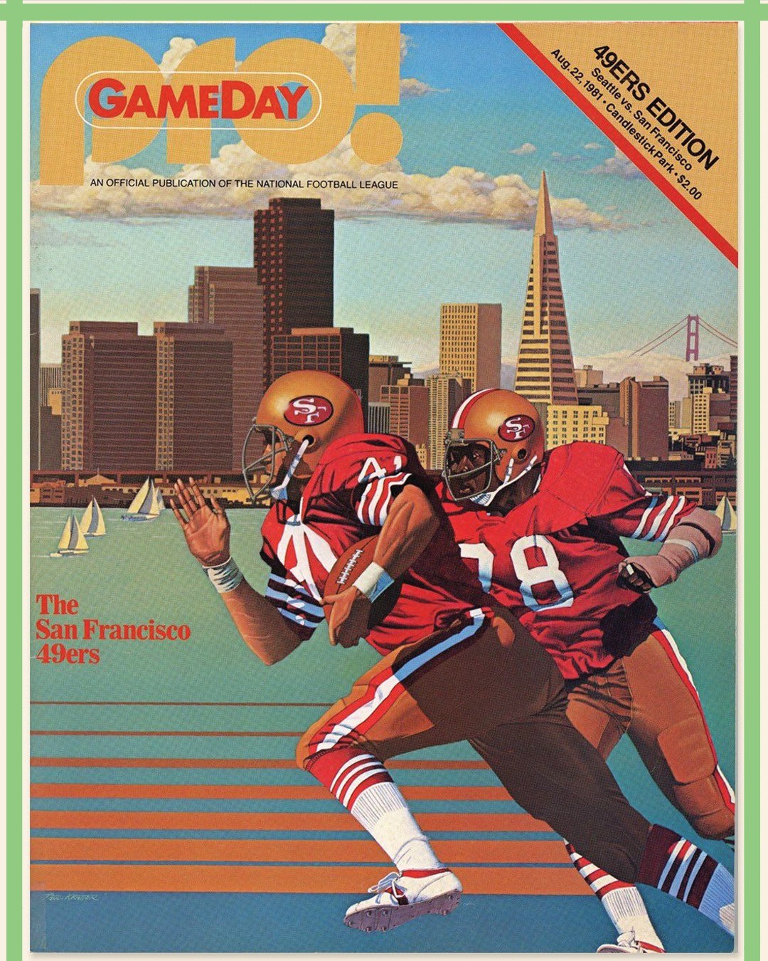 Cover of Pro! GameDay, 49ers edition, with an illustration of two San Francisco 49ers players running in front of the city skyline and the bay.