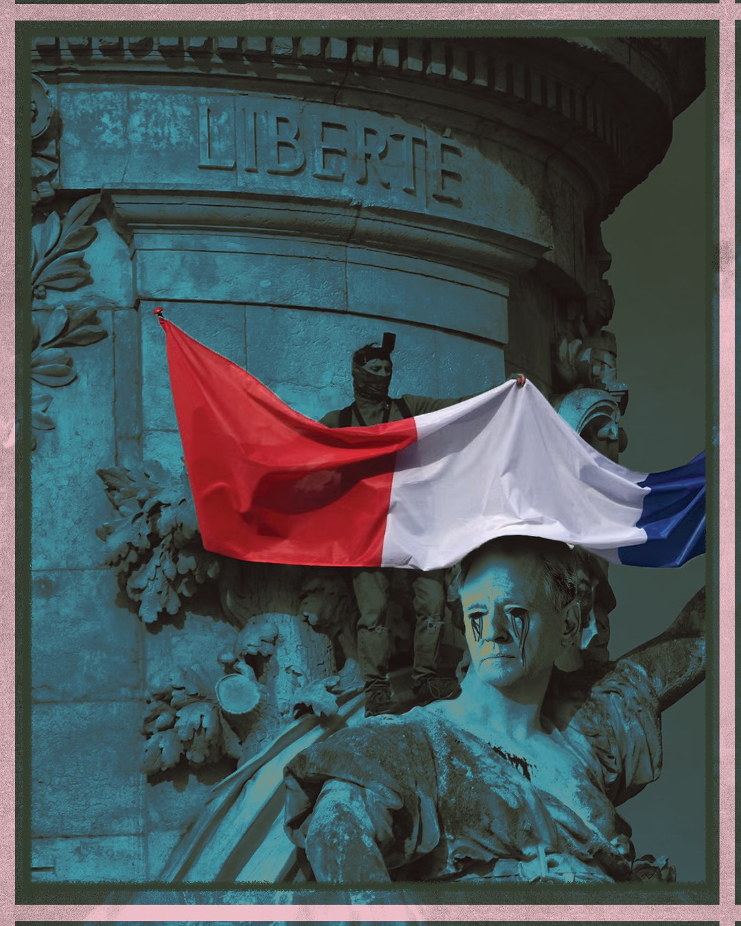 The base of the Place de la République monument, carved with the word Liberté, as a masked protester holds a French flag above a statue whose face has been painted with black tears.