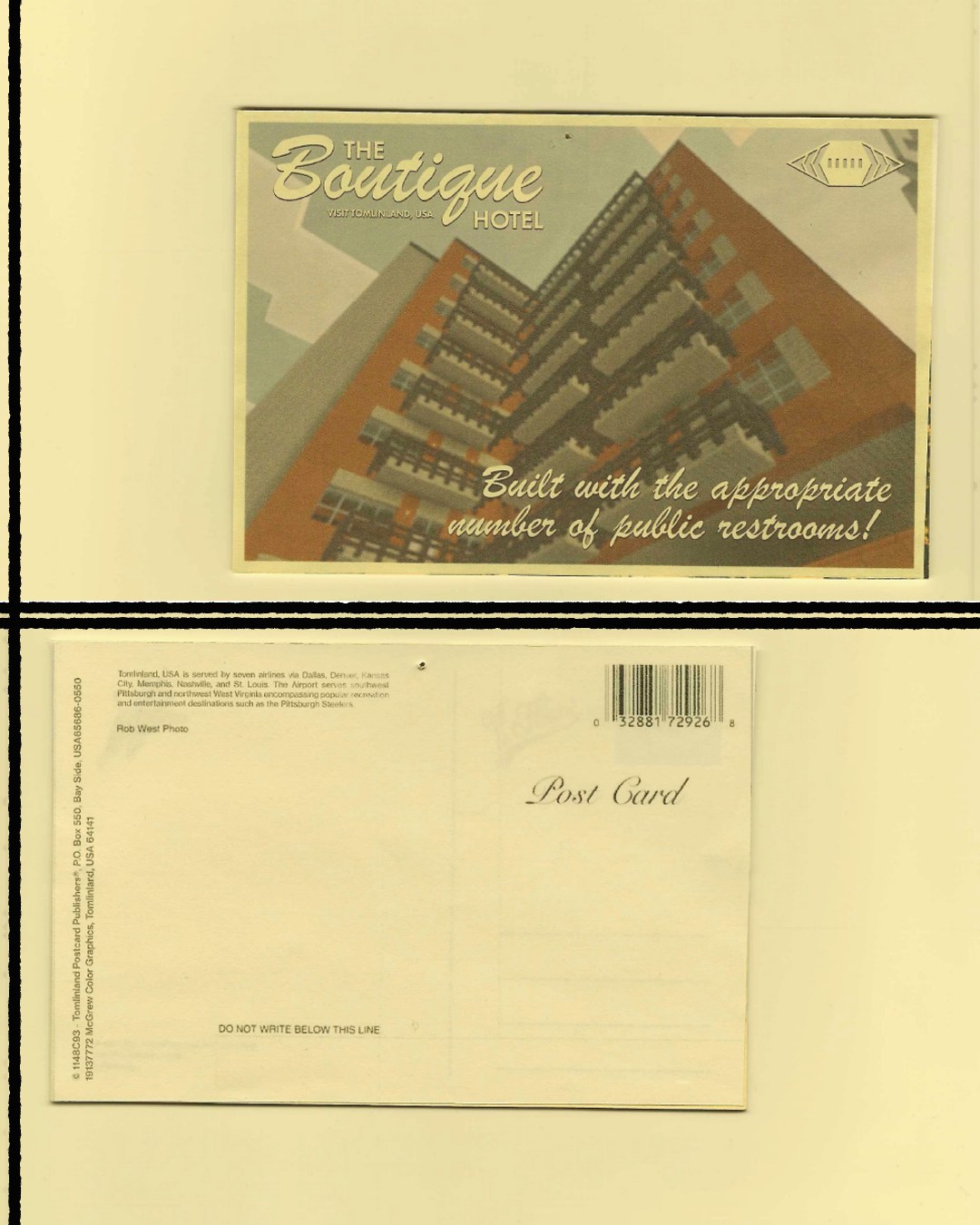 A mock vintage postcard for The Boutique Hotel in Tomlinland, showing a brick Minecraft tower from below, captioned: Built with the appropriate number of public restrooms. The blank reverse of the card sits above it.