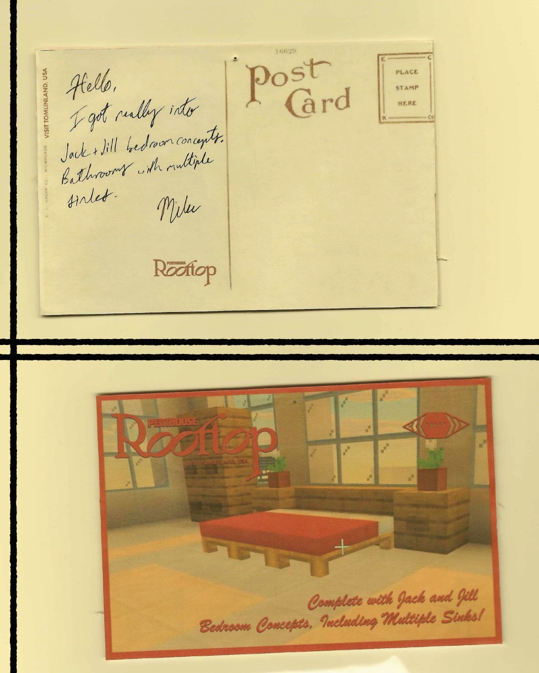 A mock vintage postcard for the Penthouse Rooftop in Tomlinland, showing a Minecraft bedroom with a red bed and planters, captioned: Complete with Jack and Jill Bedroom Concepts, Including Multiple Sinks. The reverse above it is handwritten: Hello, I got really into Jack and Jill bedroom concepts. Bathrooms with multiple sinks. Mike.